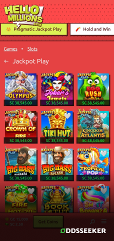 A screenshot of the mobile casino games library page for Hello Millions